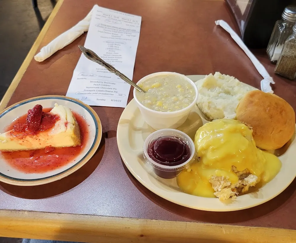 Chicken and Dressing with Cream Corn Fried Okra and Strawberry Cheesecake